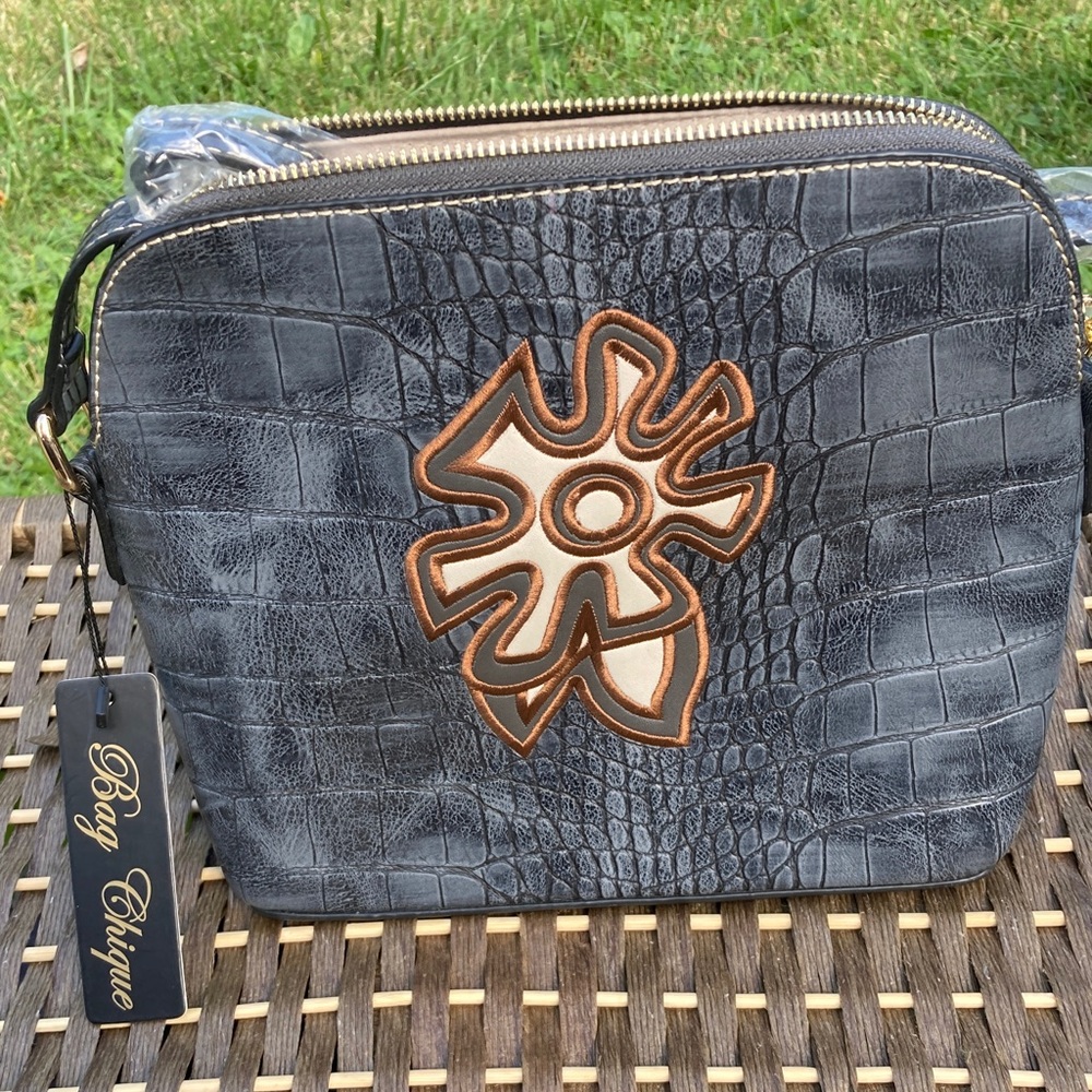 Croc-Embossed Crossbody Bag with Floral Accent
